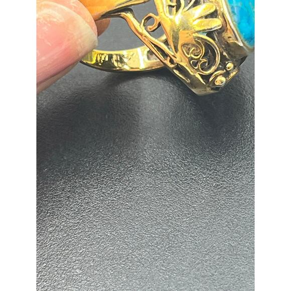 Vintage Designer Sterling Vermeil Turquoise Filigree Chunky Statement Ring Sz 7 - Picture 15 of 15